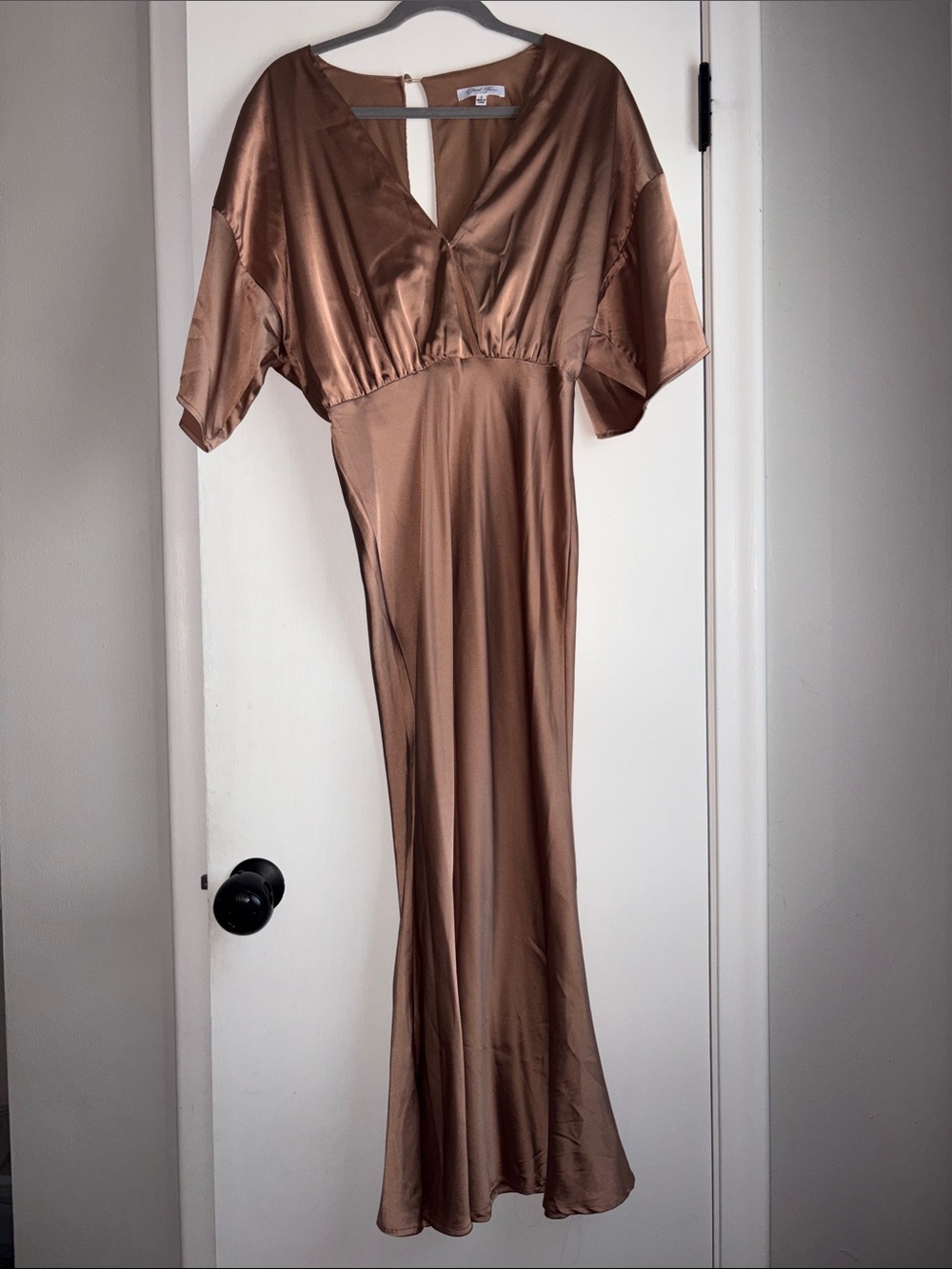 Bronze Satin V-Neck Maxi Dress with Dolman Sleeves
